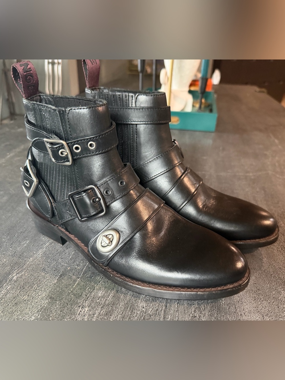 Coach Chelsea Biker Boot; Black Leather Buckle Ankle Boots
